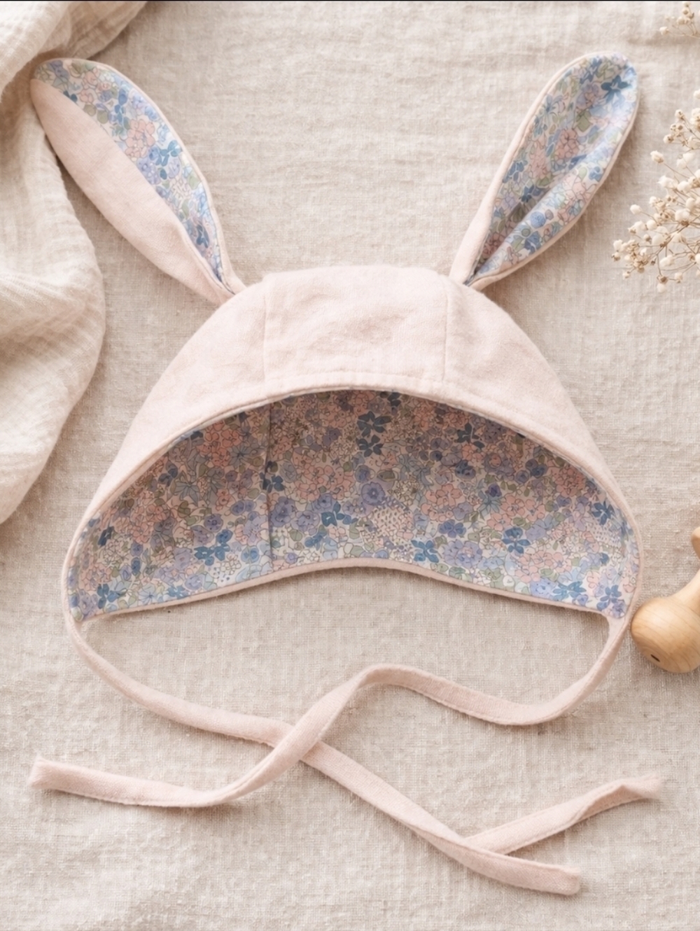 Alimrose Bunny Ear Bonnet Baby Hat Pink Floral Lined Heirloom Boutique 0-12M